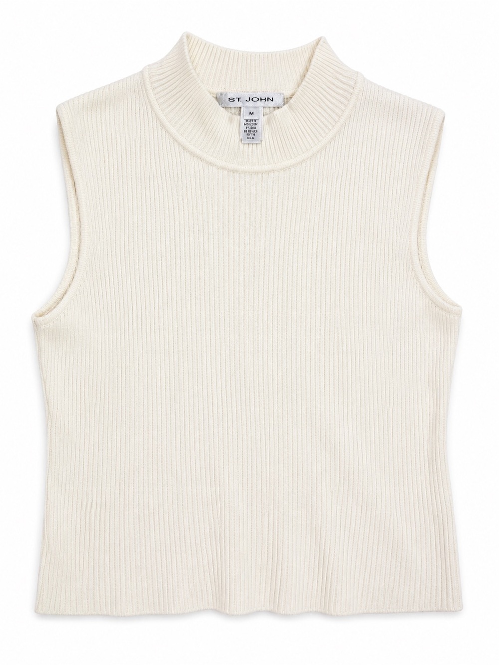 St John Ivory Rib Knit Mock Neck Sleeveless Sweater Quiet Luxury Soft Girl Med